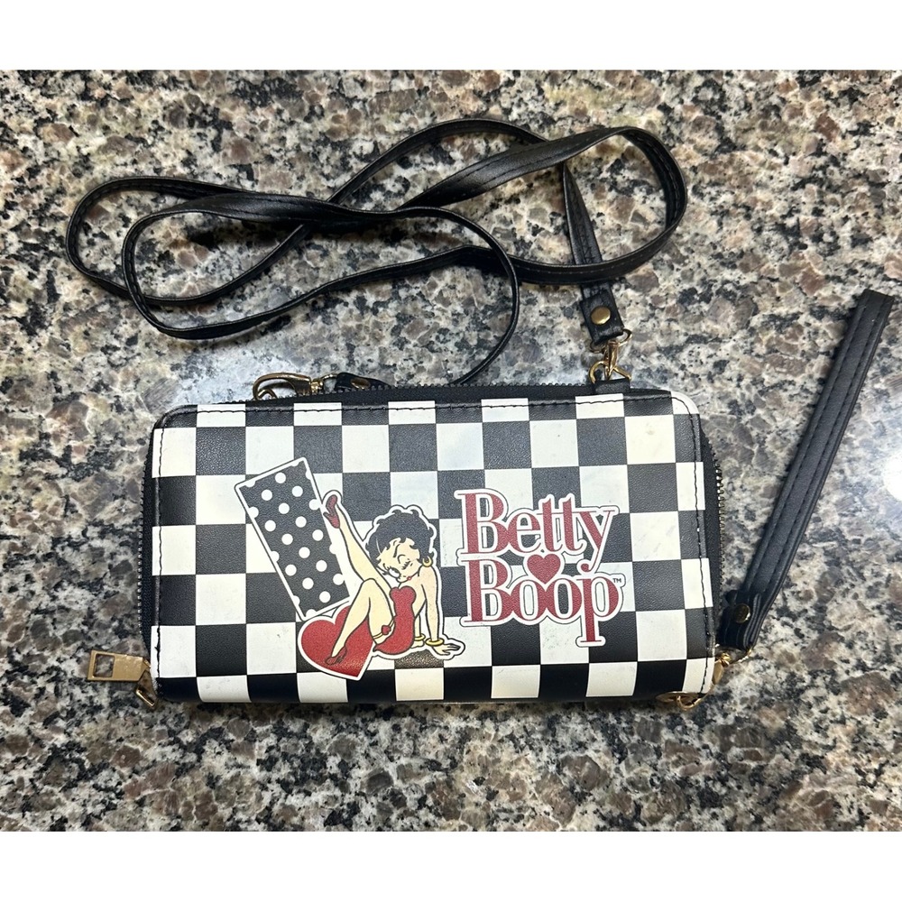 Betty Boop Checkered Crossbody Wallet Wristlet‎ Black White Zip Around Purse